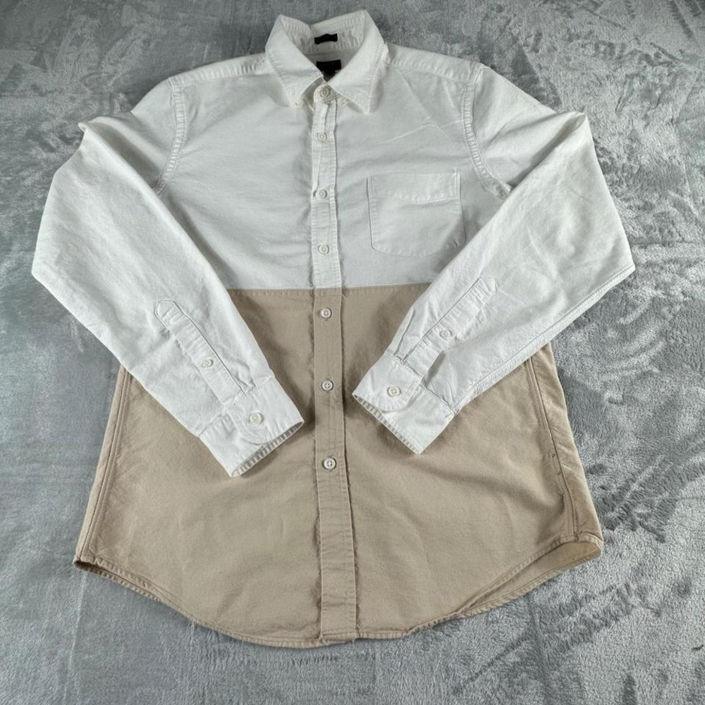 J Crew Button Up Shirt Mens Medium White Beige Colorblock Preppy Office Business